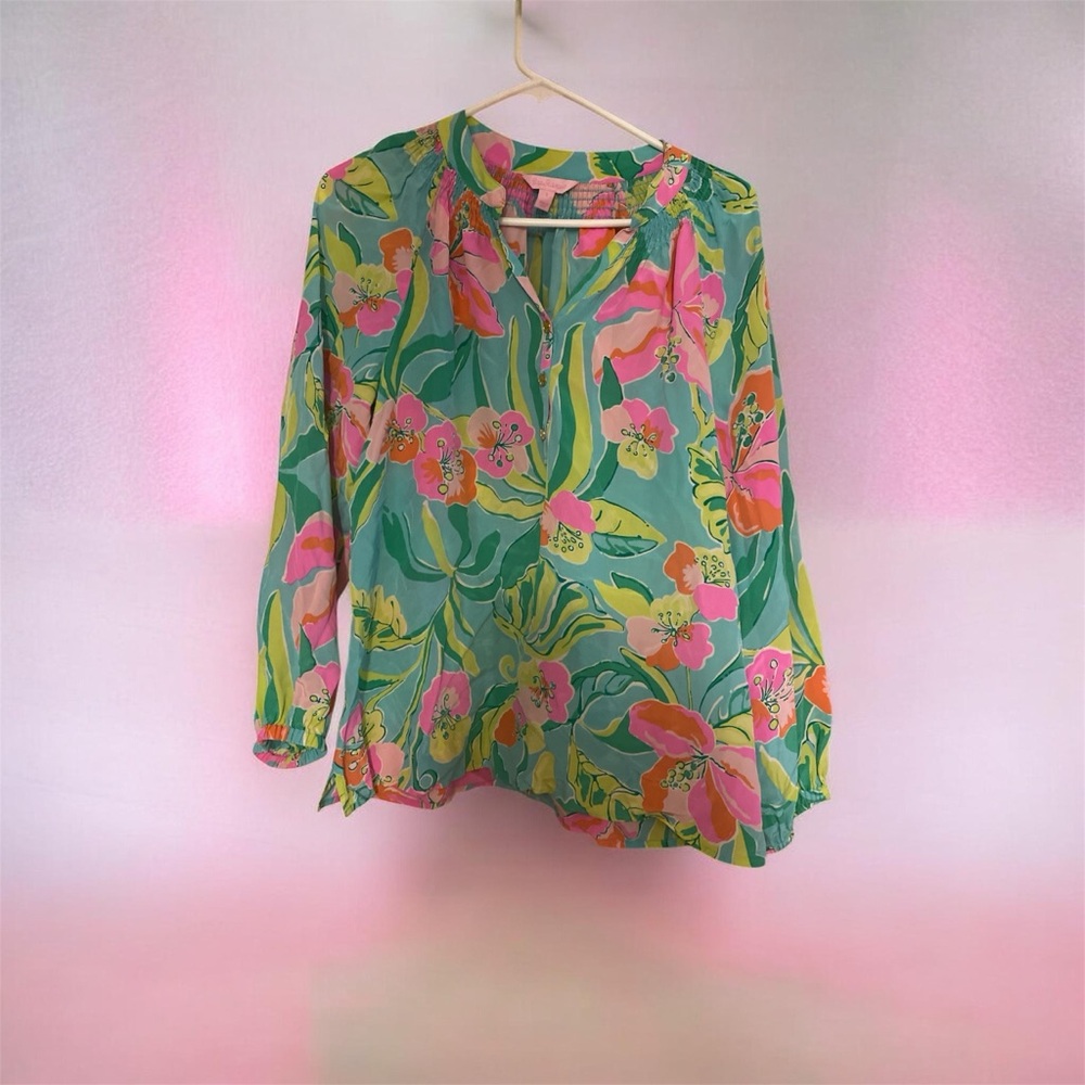 Lilly Pulitzer Tropical Floral Split-Neck Blouse - Green, Pink & Yellow